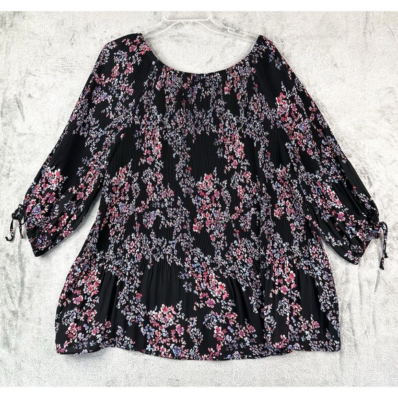 ROZ AND ALI Blouse Women's 3X Top Crimped Floral 3/4 Sleeve - Picture 4 of 7